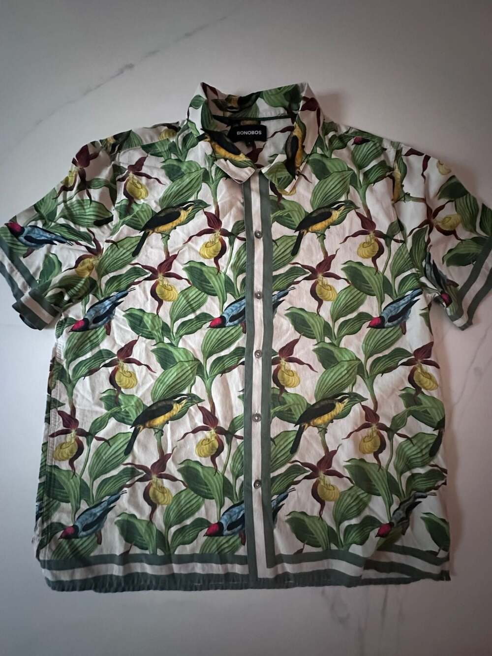 Bonobos Men's Short Sleeve Button Down Shirt Bird & Floral Botanical Print Sz L